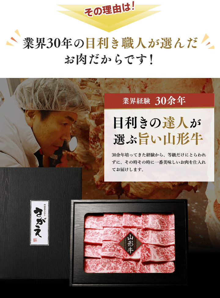 その理由は、業界30年の目利き職人が選んだお肉だからです